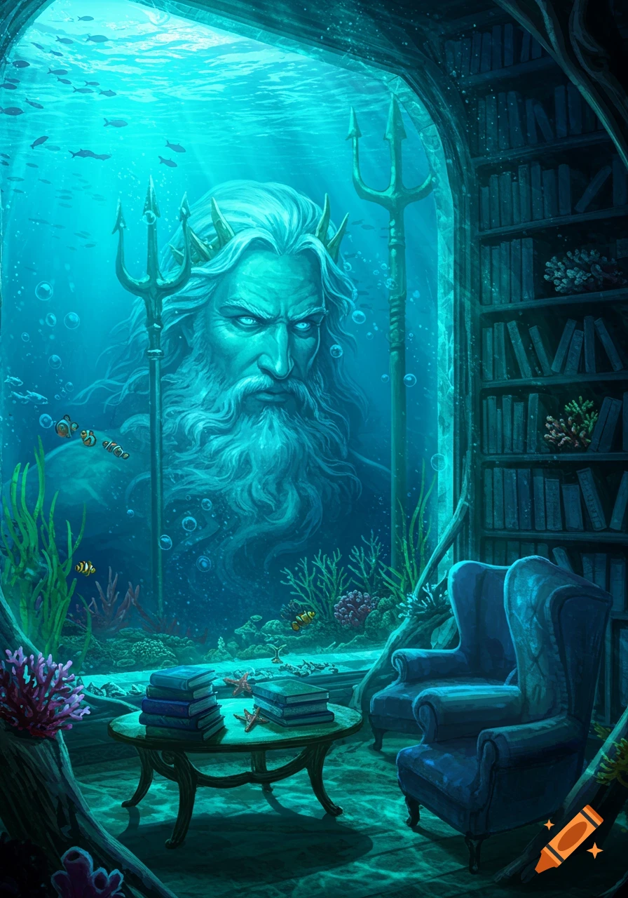 An underwater library with Poseidon peering through a large window, rendered in a fantasy illustration style.