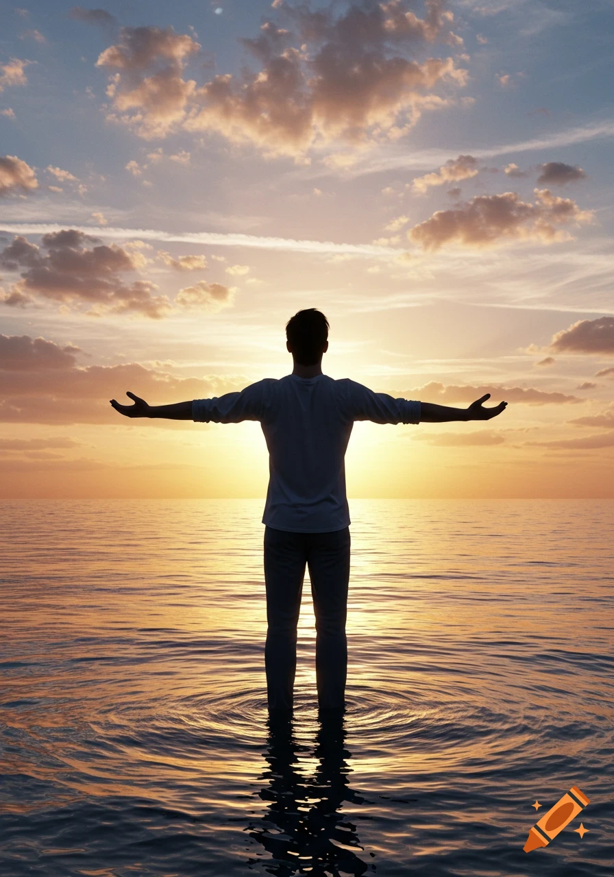 A man stands silhouetted in the ocean, arms outstretched, against a vibrant orange and pink sunset sky with clouds.