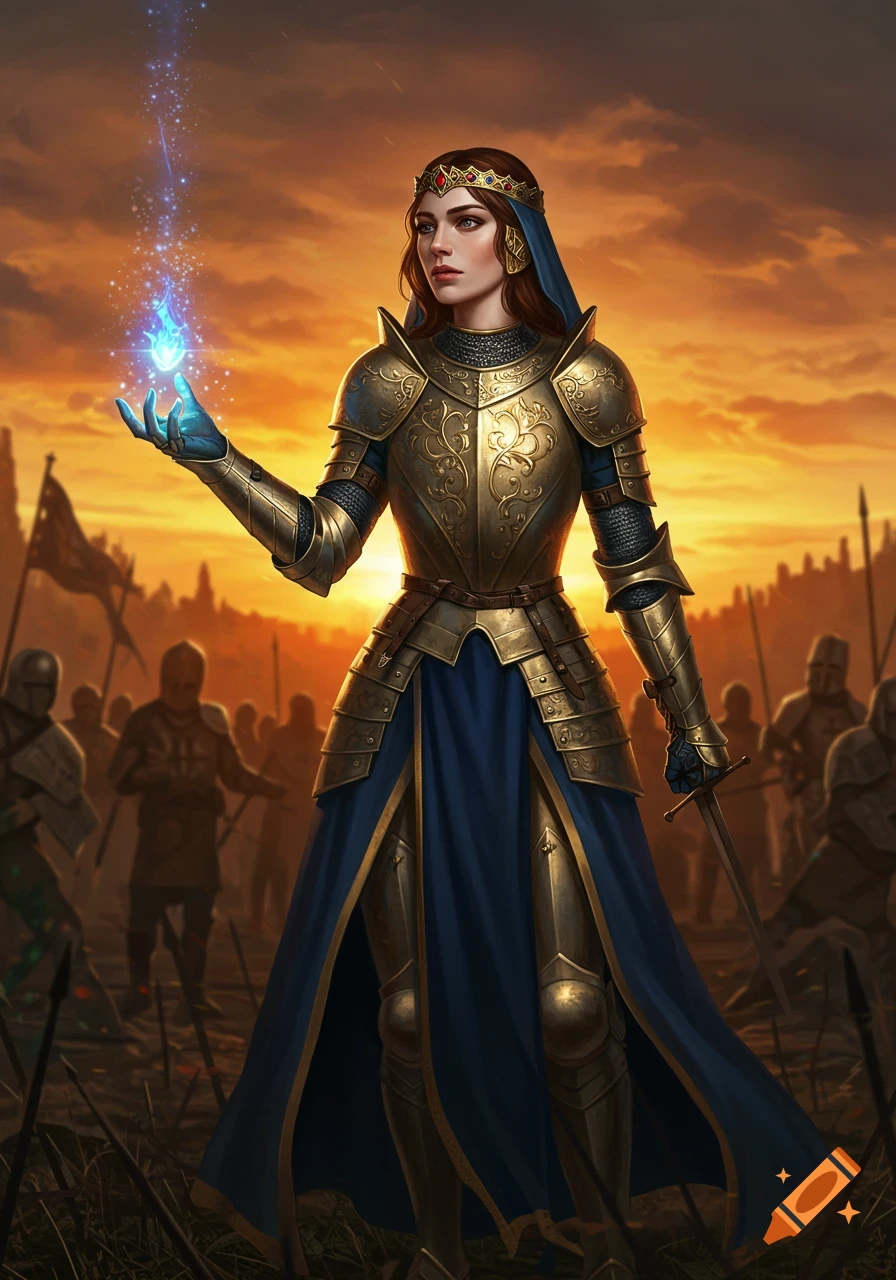 A female knight in golden armor and a blue cloak holds a glowing blue orb, with a battlefield at sunset in the background.