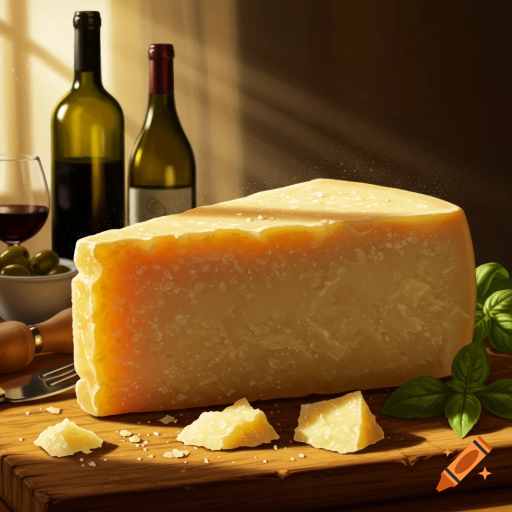 A large wedge of Parmesan cheese on a wooden board with basil, olives, and two wine bottles in the background, bathed in sunlight. Photorealistic.