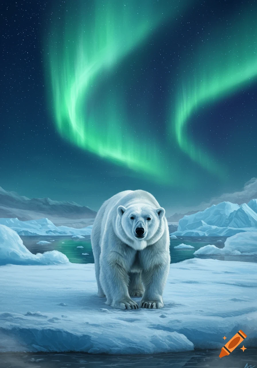 A majestic polar bear stands on an ice floe in an arctic landscape under a vibrant green aurora borealis.