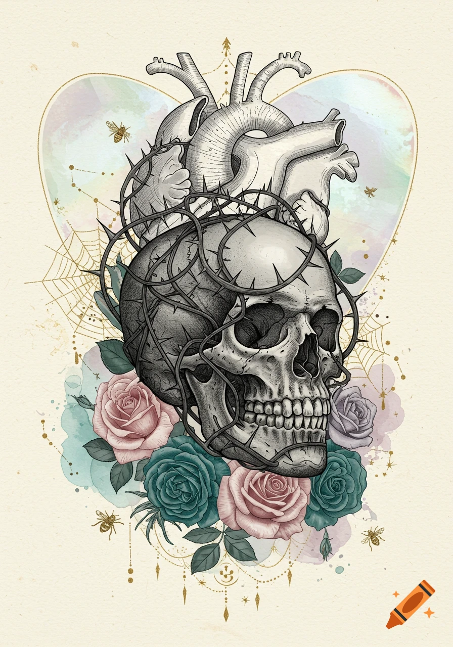 Detailed gothic illustration of a skull, anatomical heart, thorns, blush pink and teal roses, gold spiderwebs and bees.