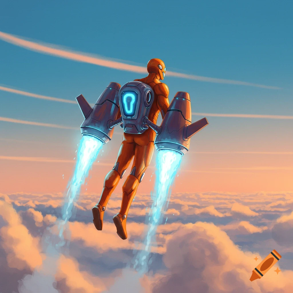 An orange figure with a jetpack on its back flies through the sky above clouds at sunset, viewed from behind.