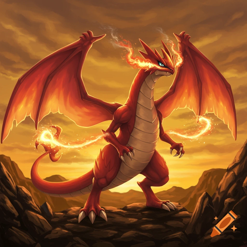 A red, winged dragon with four legs breathes fire from its eyes and tail, standing on a rocky terrain under an orange sky.