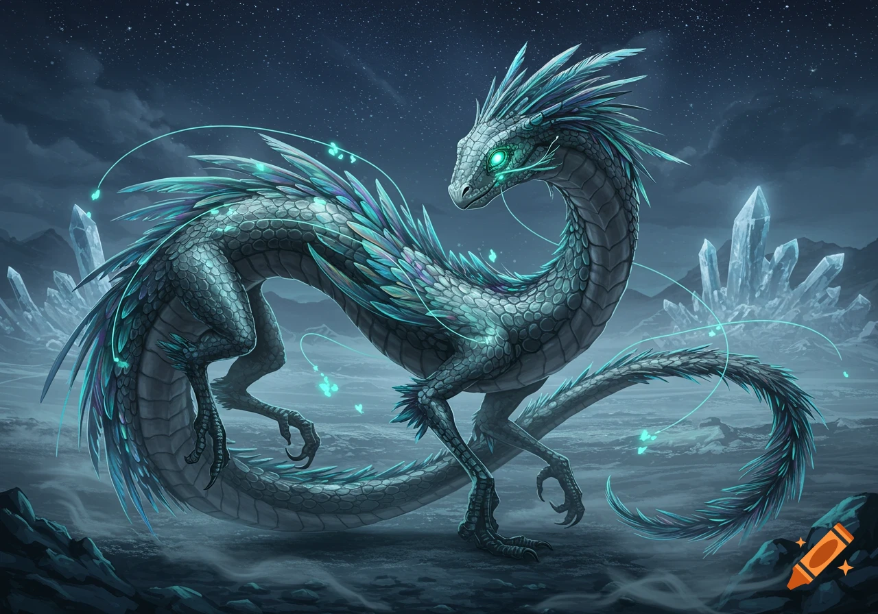 A dark teal dragon with glowing green eyes and iridescent feathers, standing among glowing blue crystals under a starry night sky. Fantasy art.