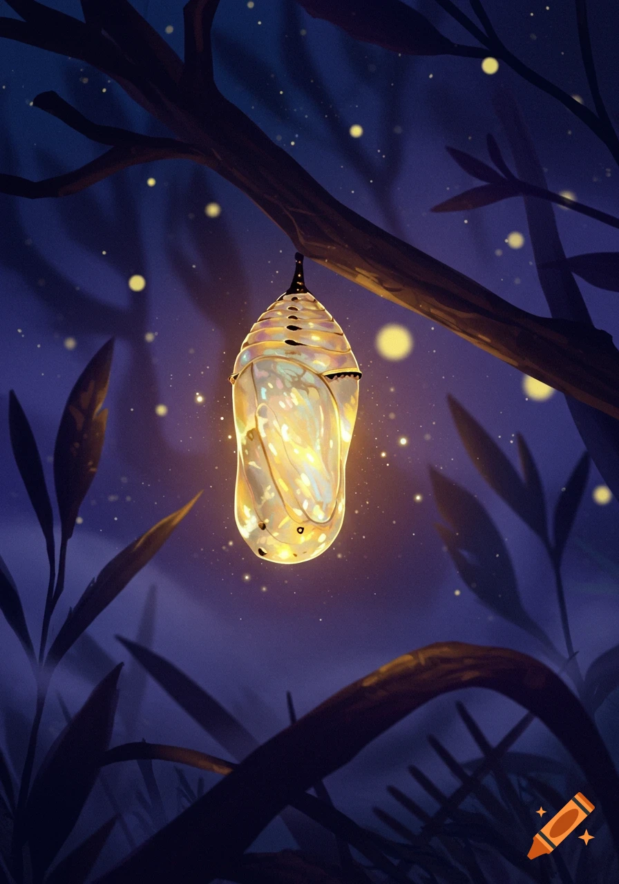 Stylized illustration of a glowing chrysalis hanging from a dark tree branch at night, surrounded by faint yellow lights and foliage.