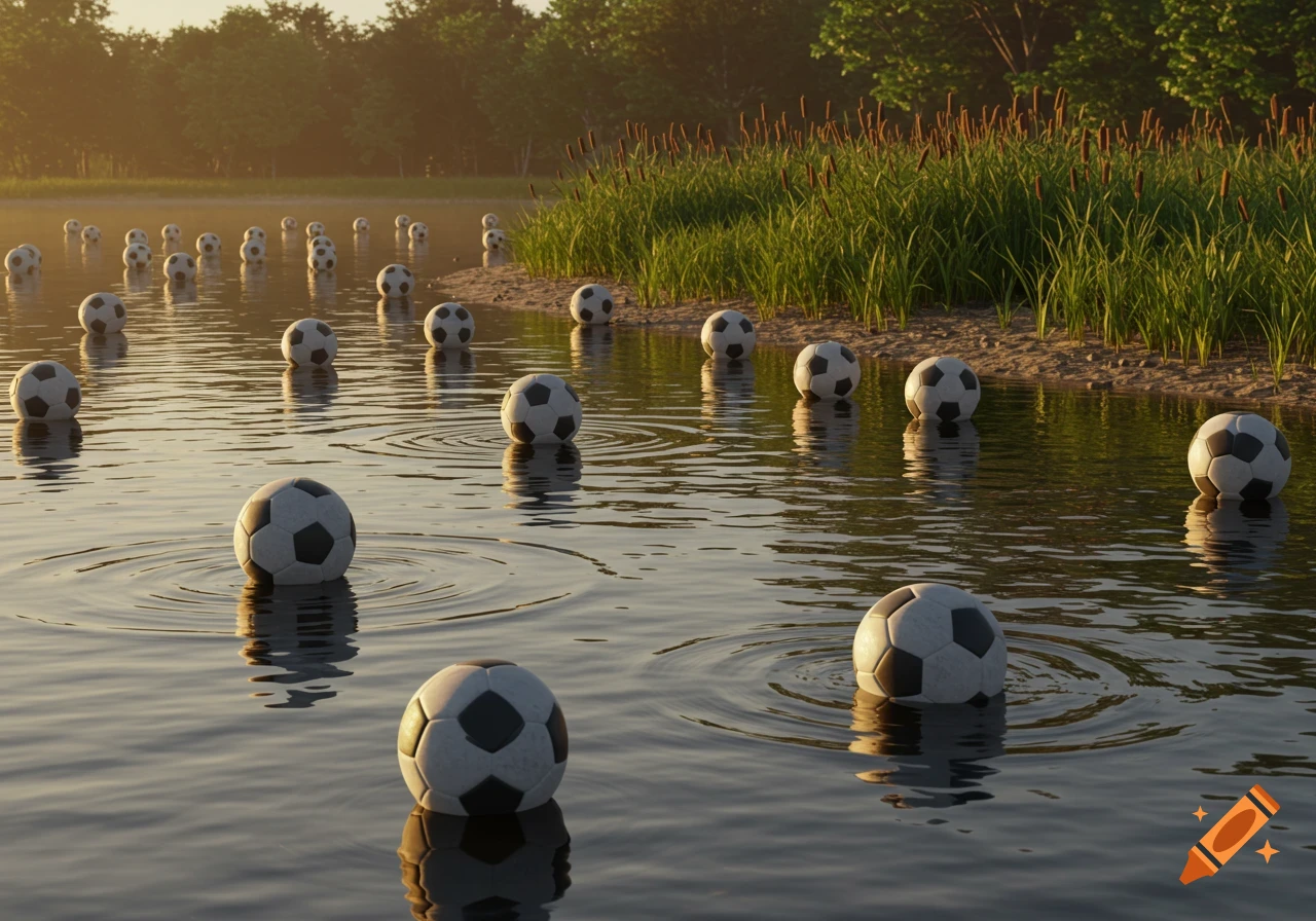 Numerous soccer balls floating in a serene lake, reflecting trees and reeds under golden hour light.