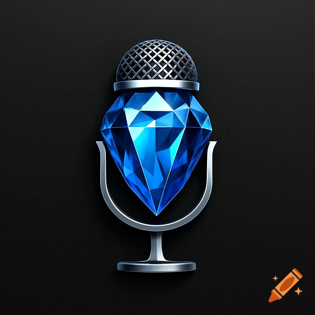 A shimmering blue diamond shaped like a microphone, with a silver stand, on a dark background.