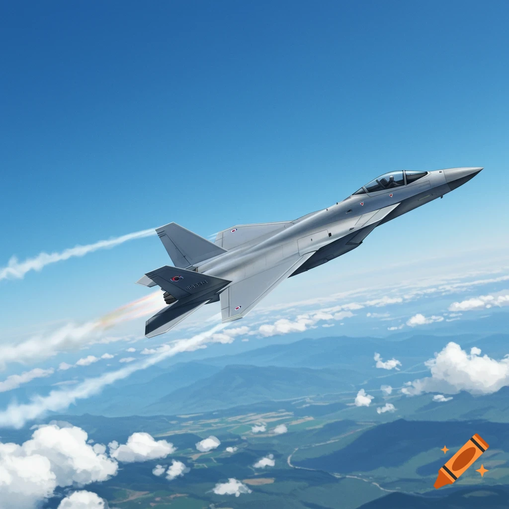 A grey fighter jet with contrails flies through a clear blue sky above a mountainous landscape with scattered clouds.