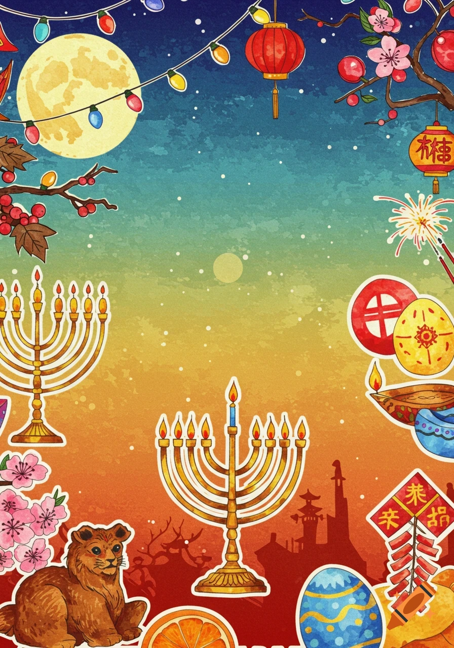 Vibrant watercolor illustration of various holiday symbols including menorahs, lanterns, string lights, fireworks, and a decorated egg on a gradient background.