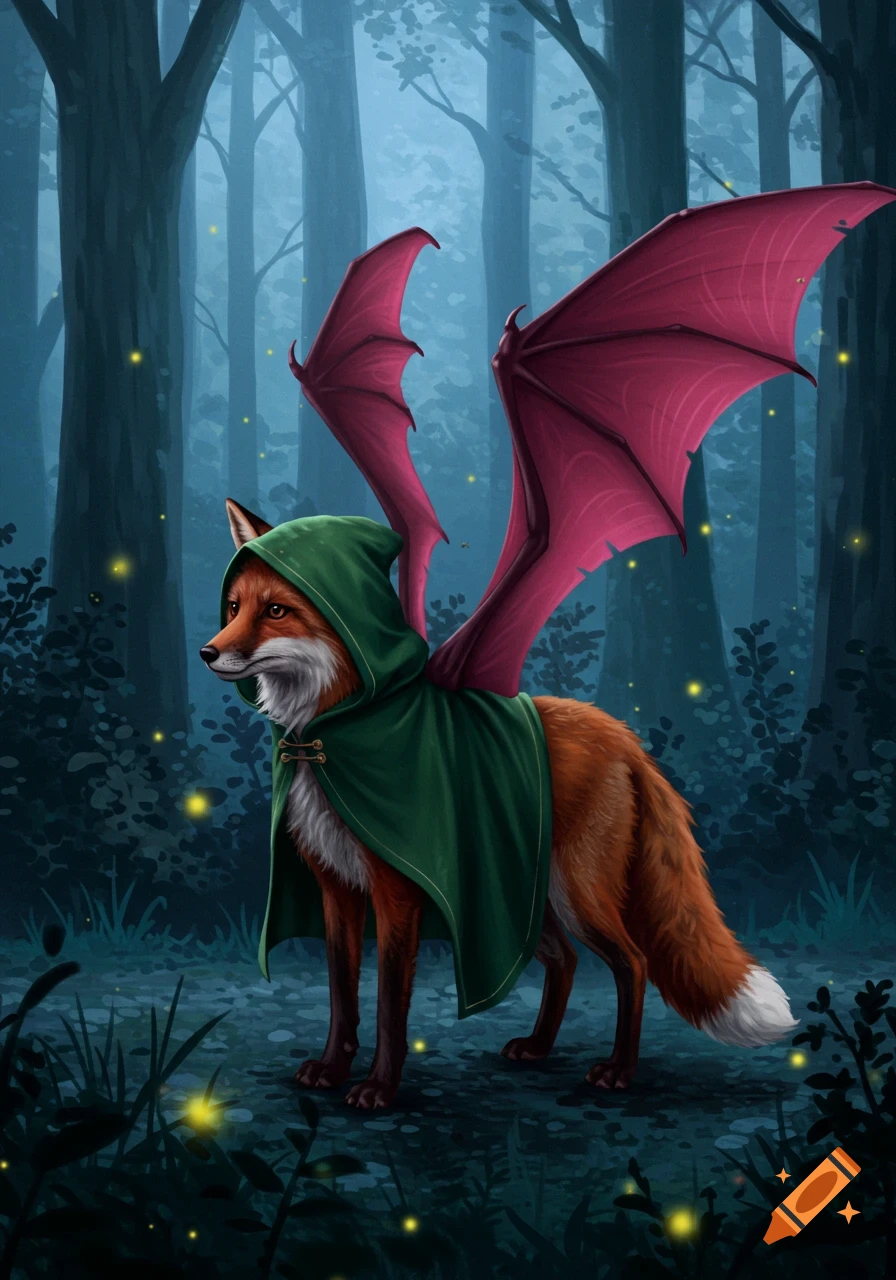 A red fox in a green hooded cloak with dark pink dragon wings stands in a misty, glowing forest.