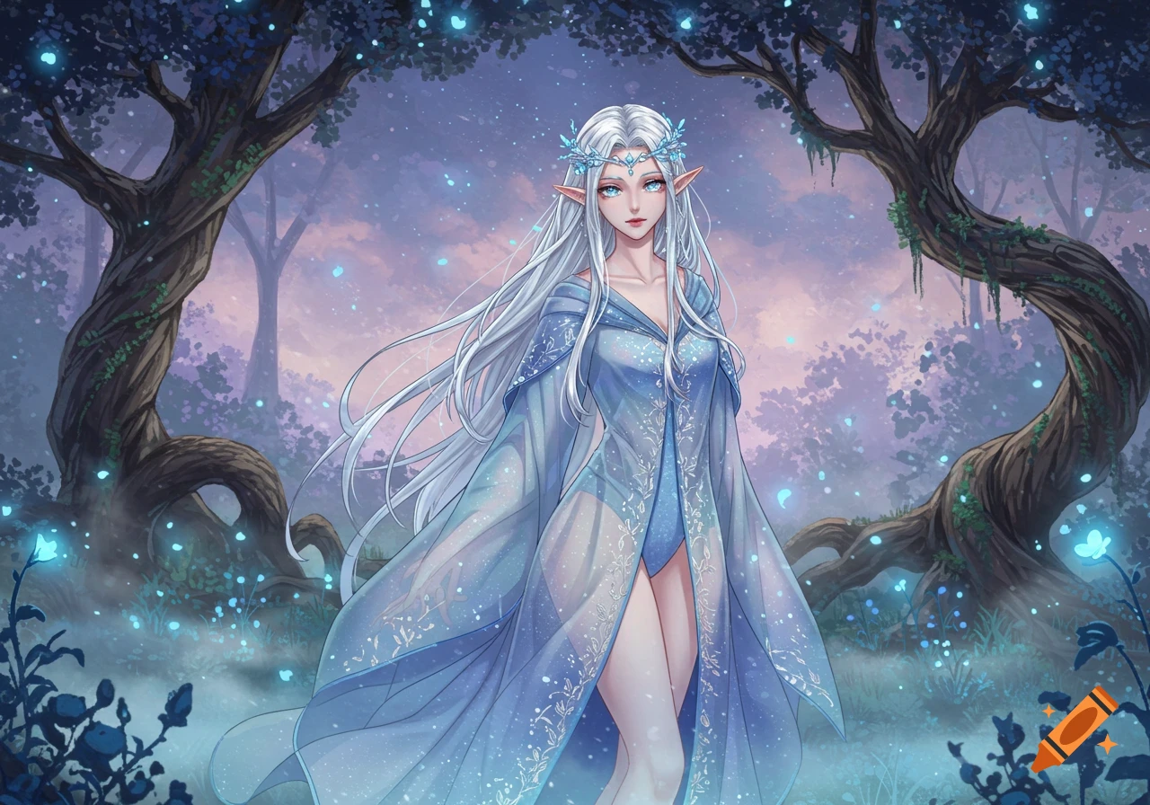 Anime elf with white hair and blue eyes in a flowing blue gown, standing in a magical forest with glowing blue particles.