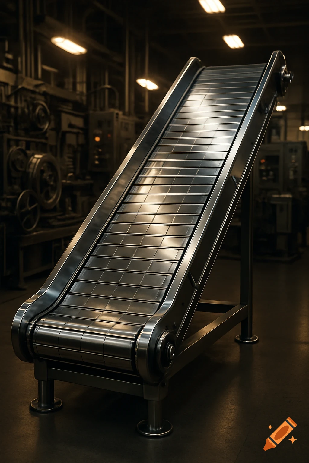 A photorealistic image of an inclined metal conveyor belt in a dimly lit industrial factory.