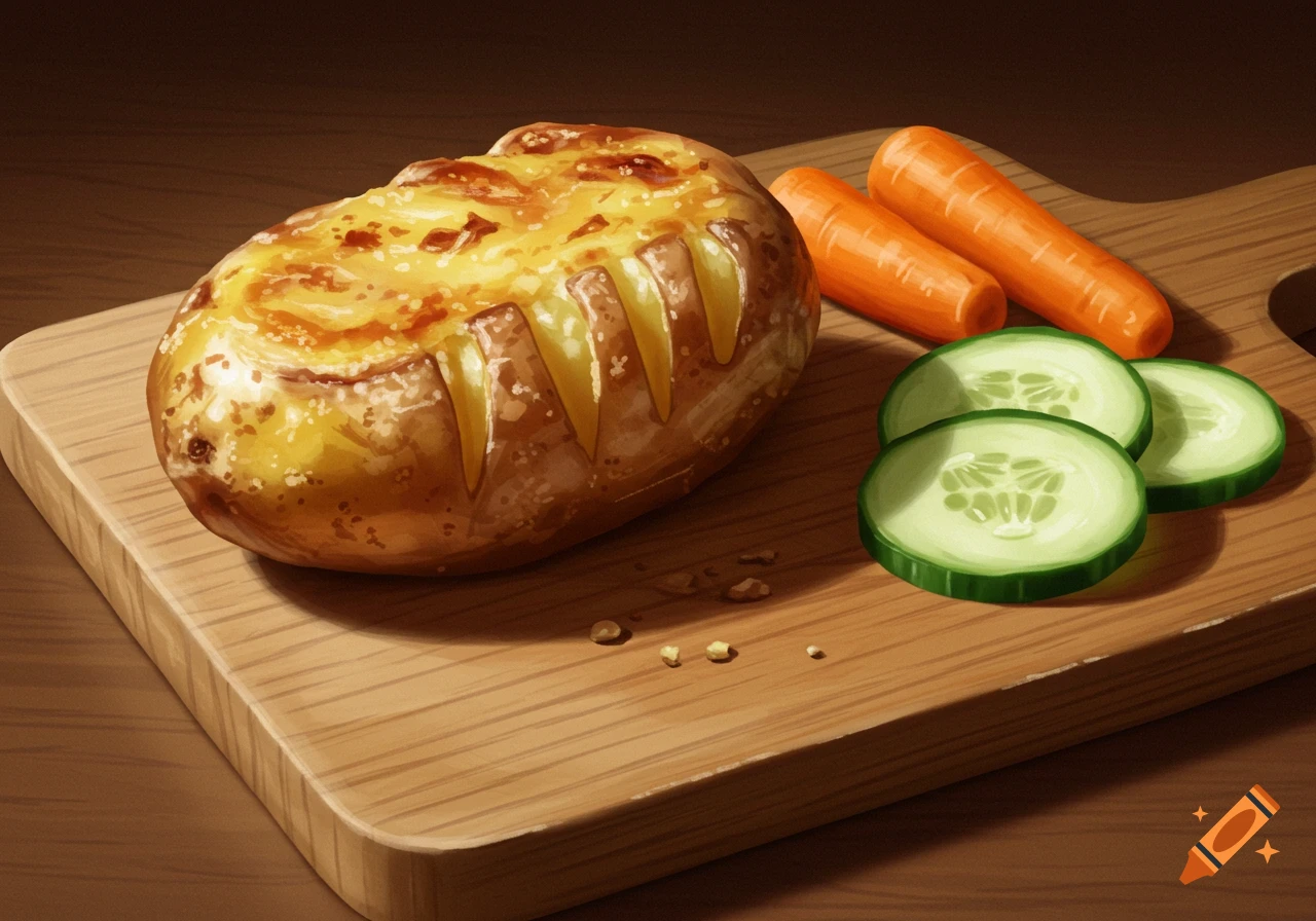 A cheesy baked potato, two carrots, and three cucumber slices on a wooden cutting board in a digital painting style.