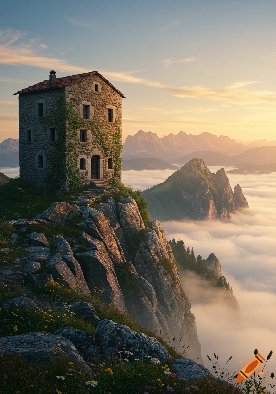 A photorealistic image of a stone house on a rocky cliff overlooking a misty mountain range at sunrise.