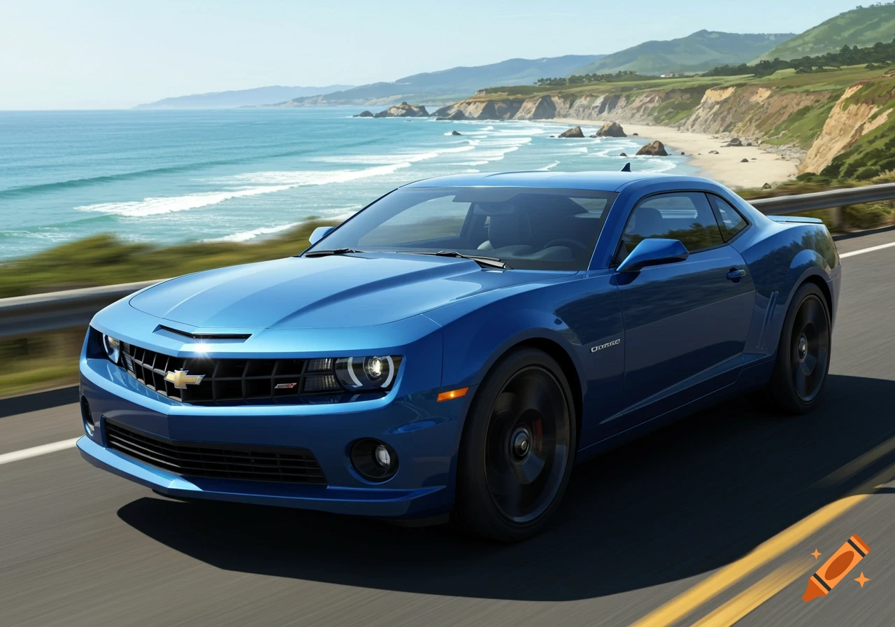 A blue Chevrolet Camaro drives on a scenic coastal road with the ocean and cliffs in the background.