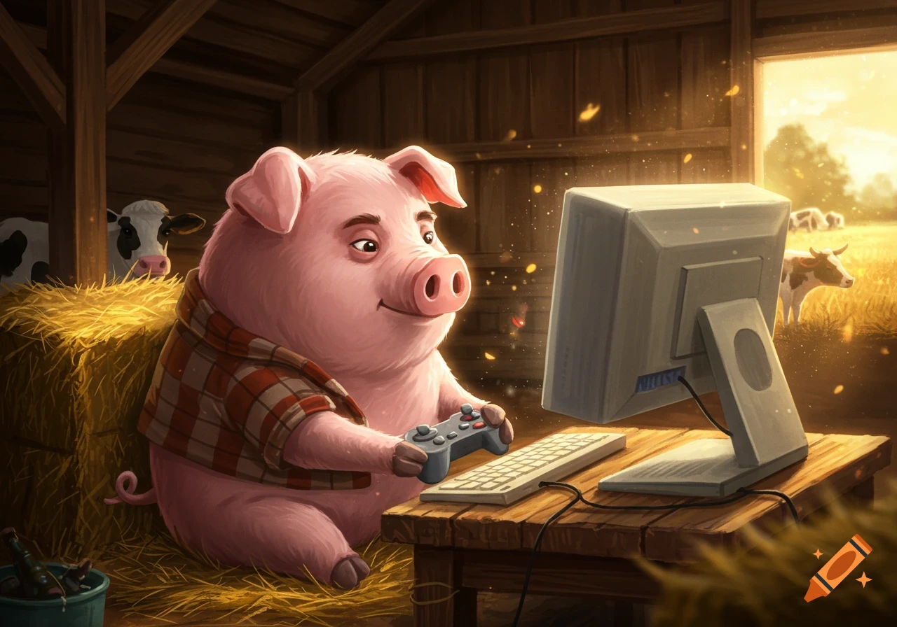 A cartoon pig wearing a plaid shirt plays a video game on a desktop computer in a barn, with cows visible outside at sunset.