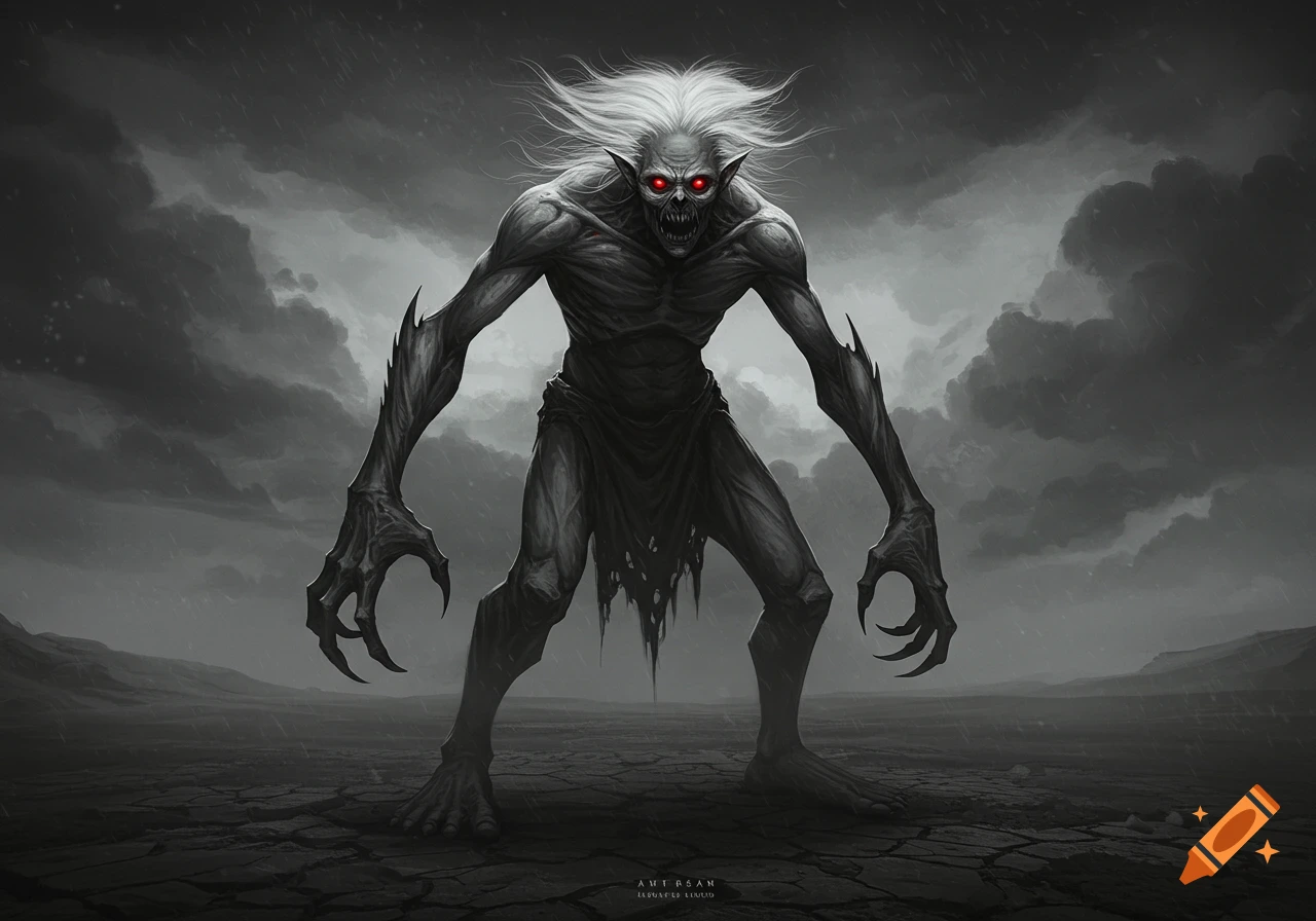 A gaunt, pale monstrous creature with glowing red eyes, wild white hair, and long claws stands on cracked earth under a stormy sky.