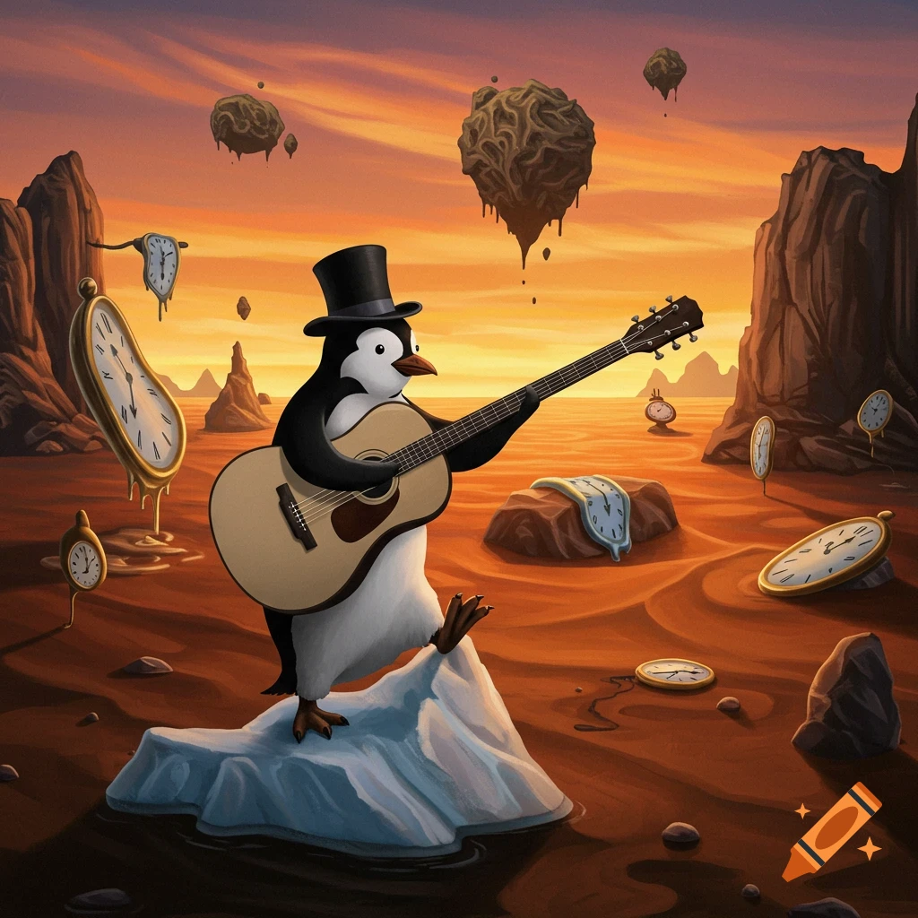 A whimsical, Dali-esque painting of a top-hatted penguin playing guitar in a surreal orange desert with melting clocks.
