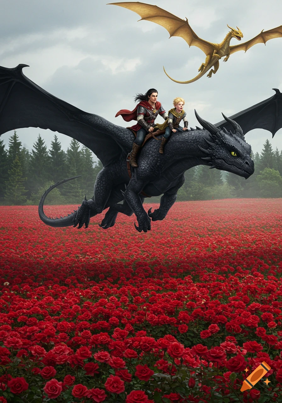 A man and a boy ride a black dragon over a field of red roses, with a golden dragon flying above, in a fantasy illustration.