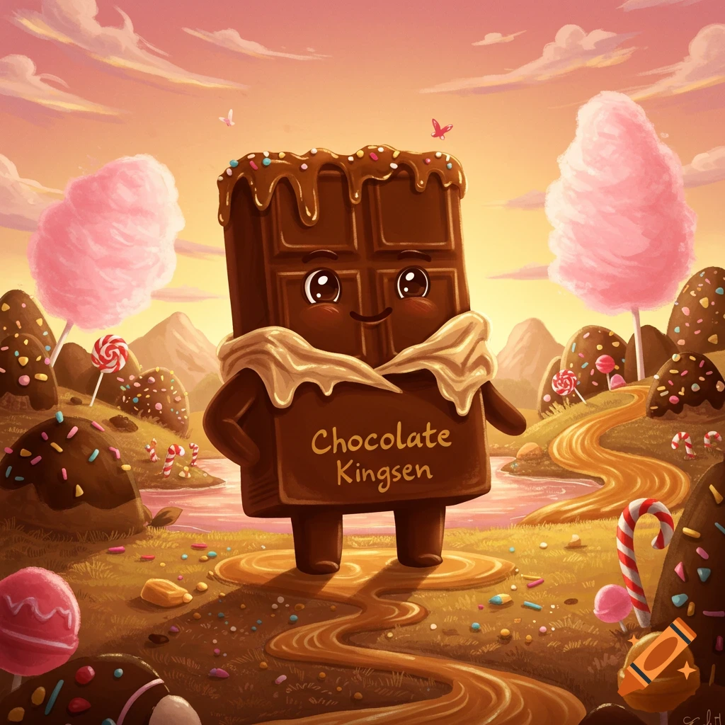 Happy cartoon chocolate bar character in a vibrant, whimsical candy land with lollipops, cotton candy trees, and a caramel river under a sunset sky.