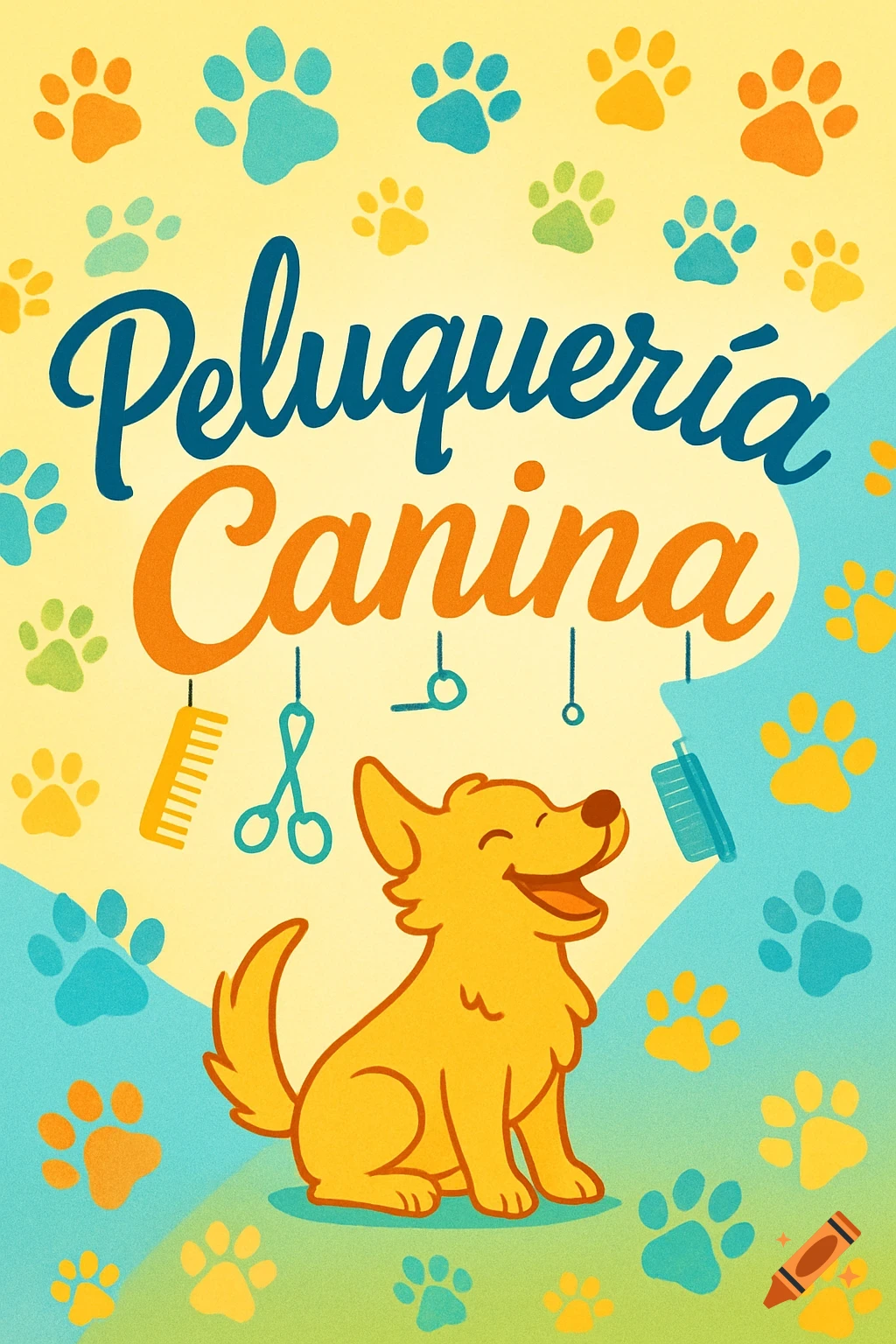 Colorful cartoon illustration of a happy golden dog with grooming tools and paw prints, with the text 'Peluquer\u00eda Canina'.
