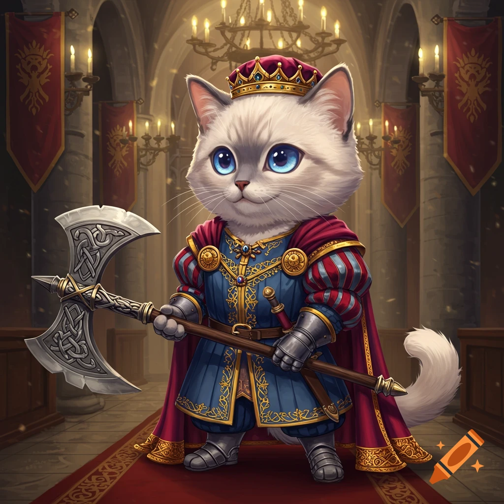 A cute chibi cat king with blue eyes and white fur, wearing medieval noble attire, holding a large double axe, standing in a grand hall.