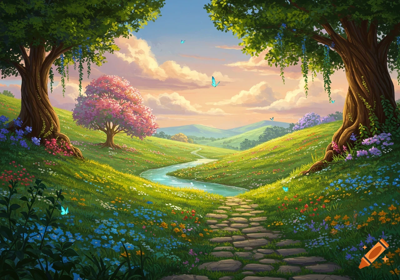 A vibrant fantasy landscape with a winding river, a stone path, lush green hills, blossoming trees, and butterflies under a soft sky.