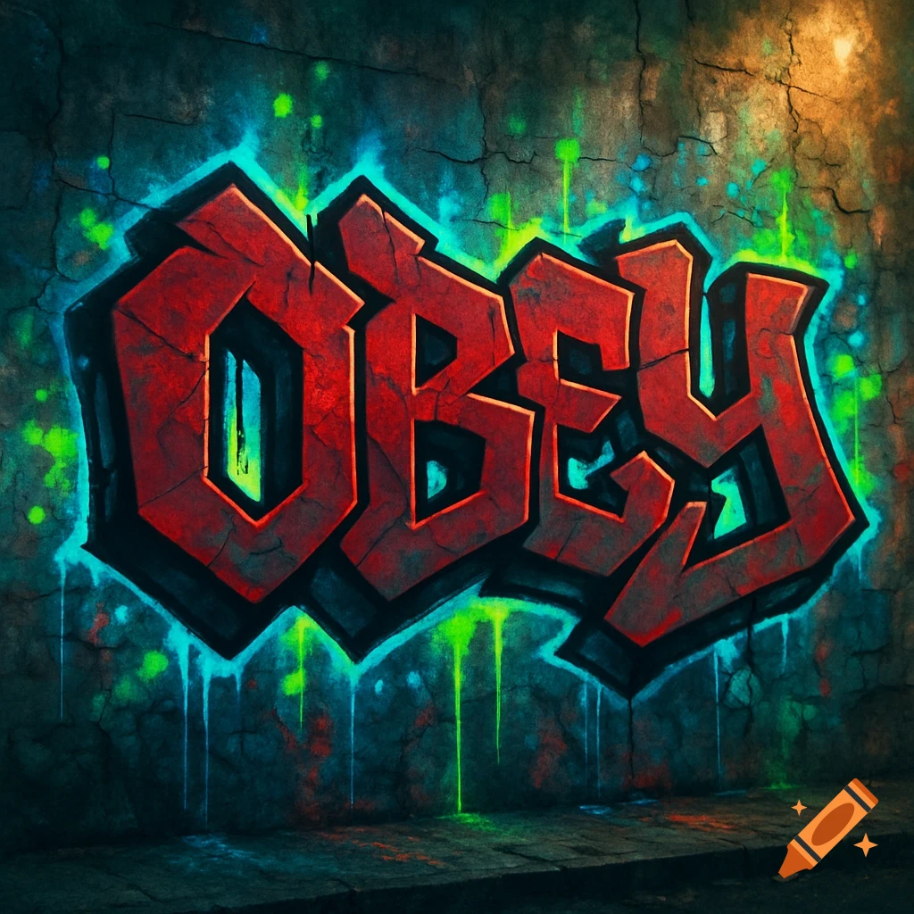 Graffiti art of the word 'OBEY' in red letters with blue and green outlines and drips on a dark, textured wall.