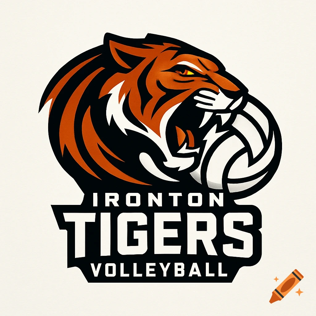 A stylized Ironton Tigers Volleyball logo featuring an orange and black tiger snarling and holding a volleyball.