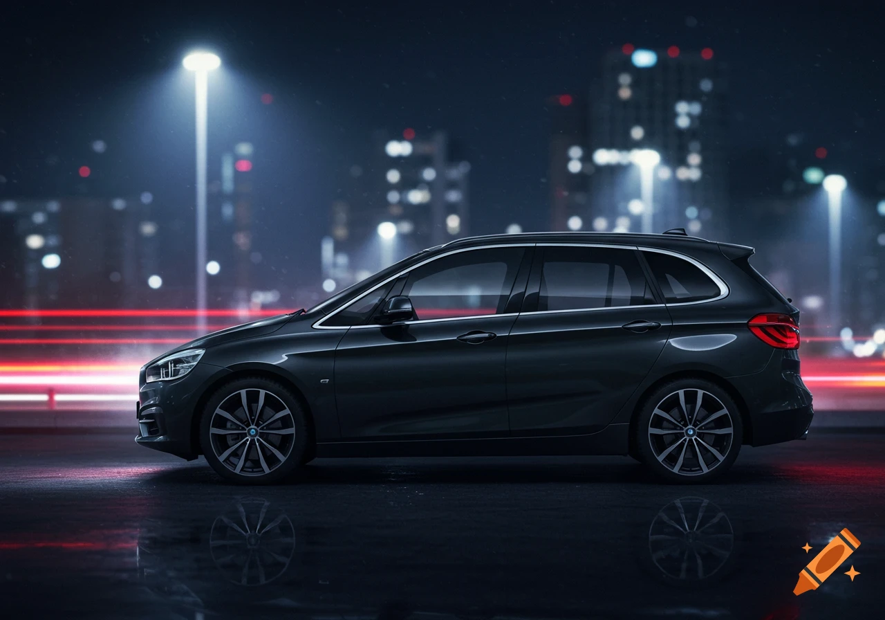 Dark gray BMW 2 Series Active Tourer parked on a wet street at night with blurred city lights and reflections.