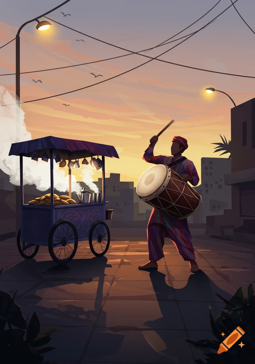 An illustration of a person playing a large drum next to a steaming food cart on a street at sunset.