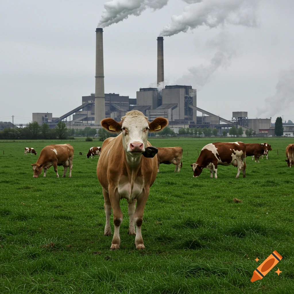 A photorealistic image of a brown and white cow holding its leg to its nose in a green field with a smoking factory in the background.