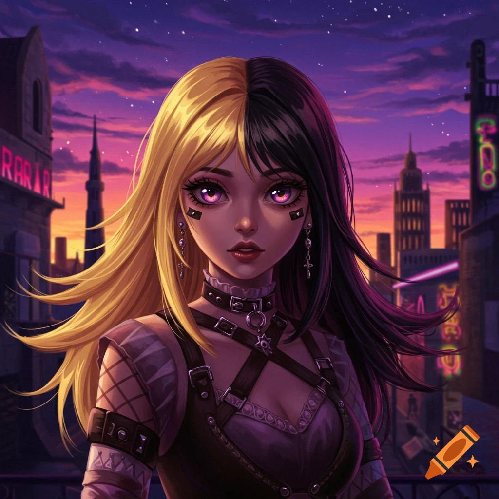 An anime girl with split blonde and black hair, glowing purple eyes, and a gothic outfit stands against a cyberpunk cityscape at sunset.