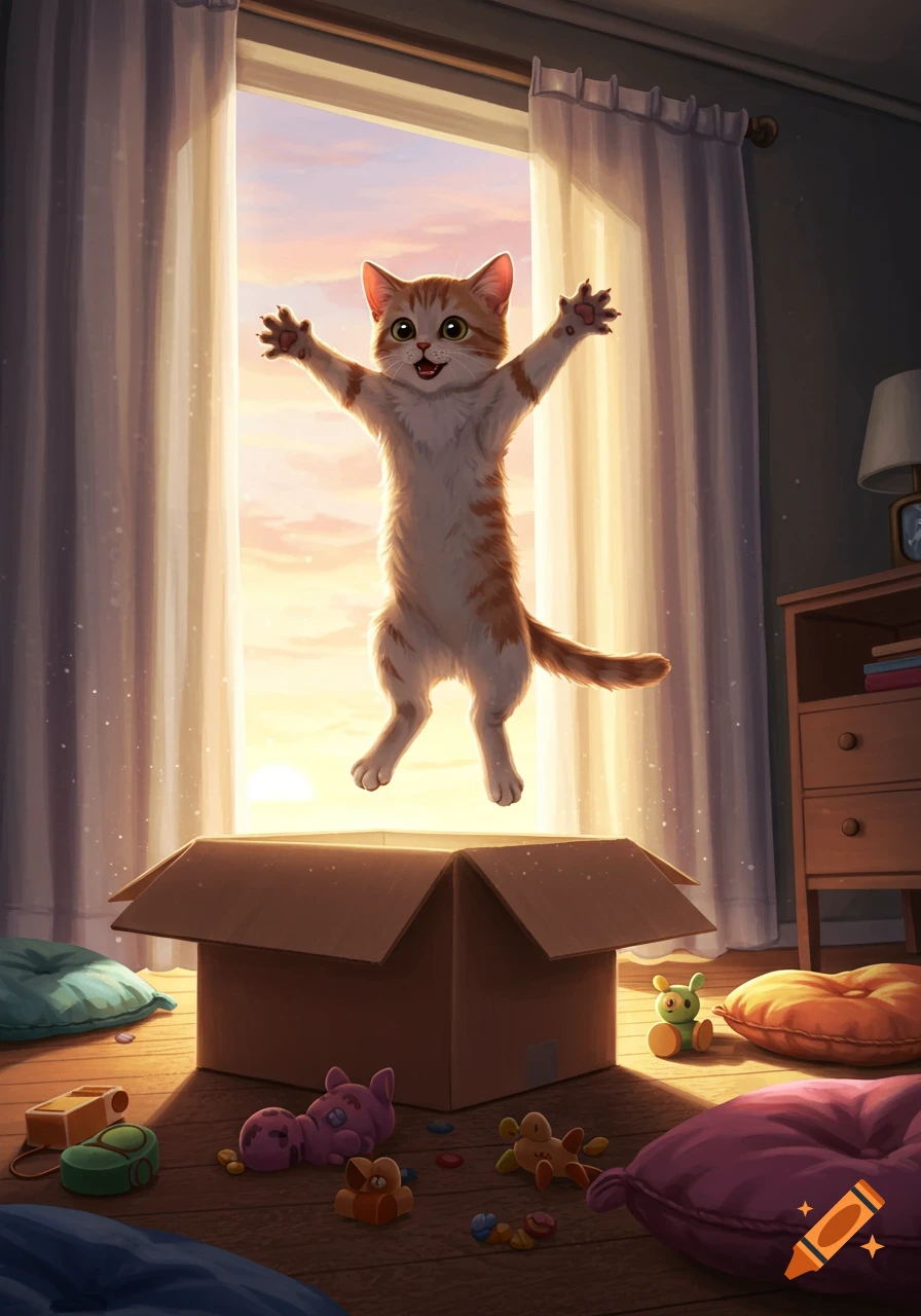 A happy orange and white cartoon cat leaps from a cardboard box in a sunlit room with toys and pillows.