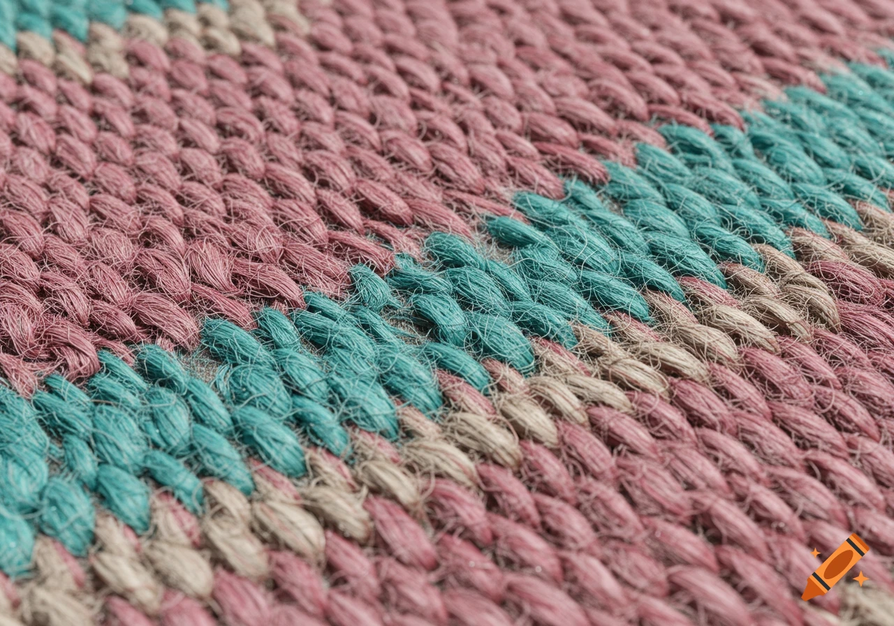 Close-up of a textured, woven rug with stripes of pink, cyan, and beige.