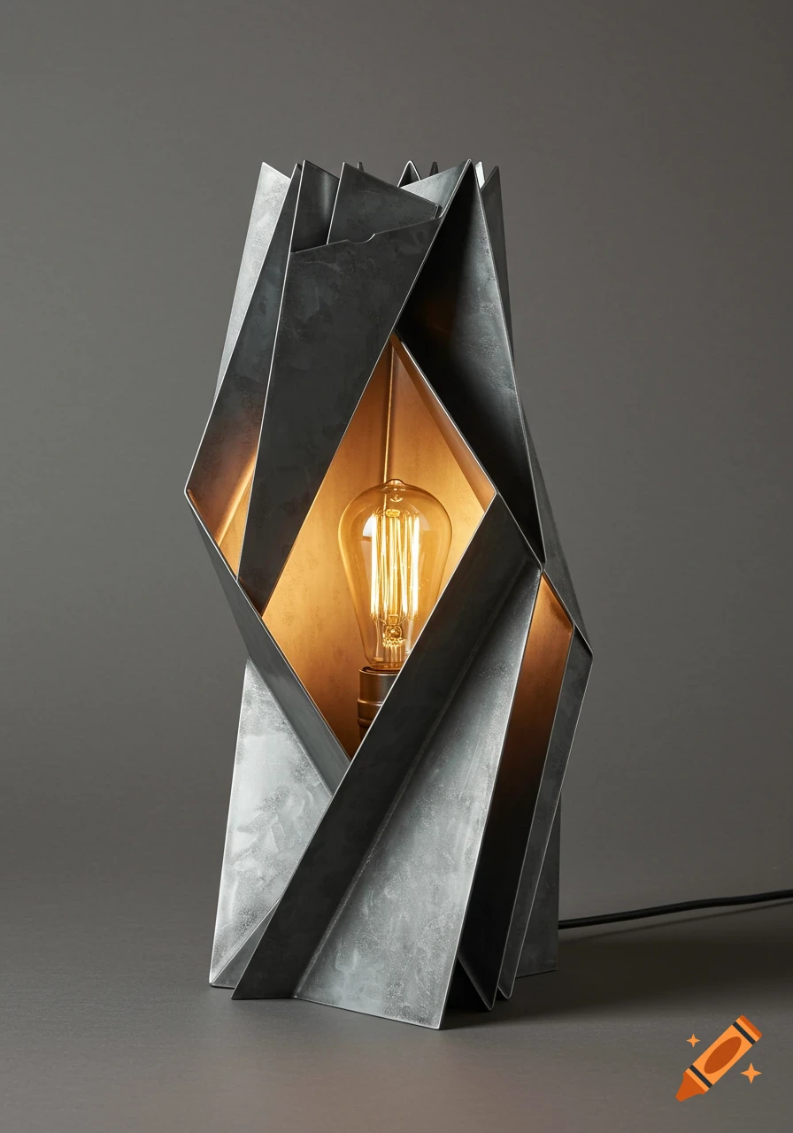 A modern table lamp made of dark, angular sheet metal with a warm Edison bulb inside, on a grey background.