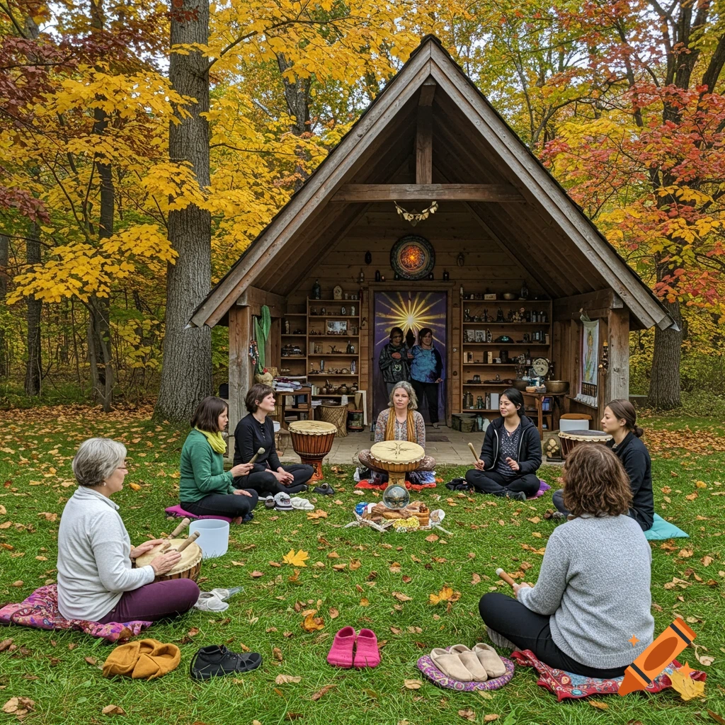 A group of women play drums in a circle on green grass outside a rustic hut, surrounded by autumn trees.