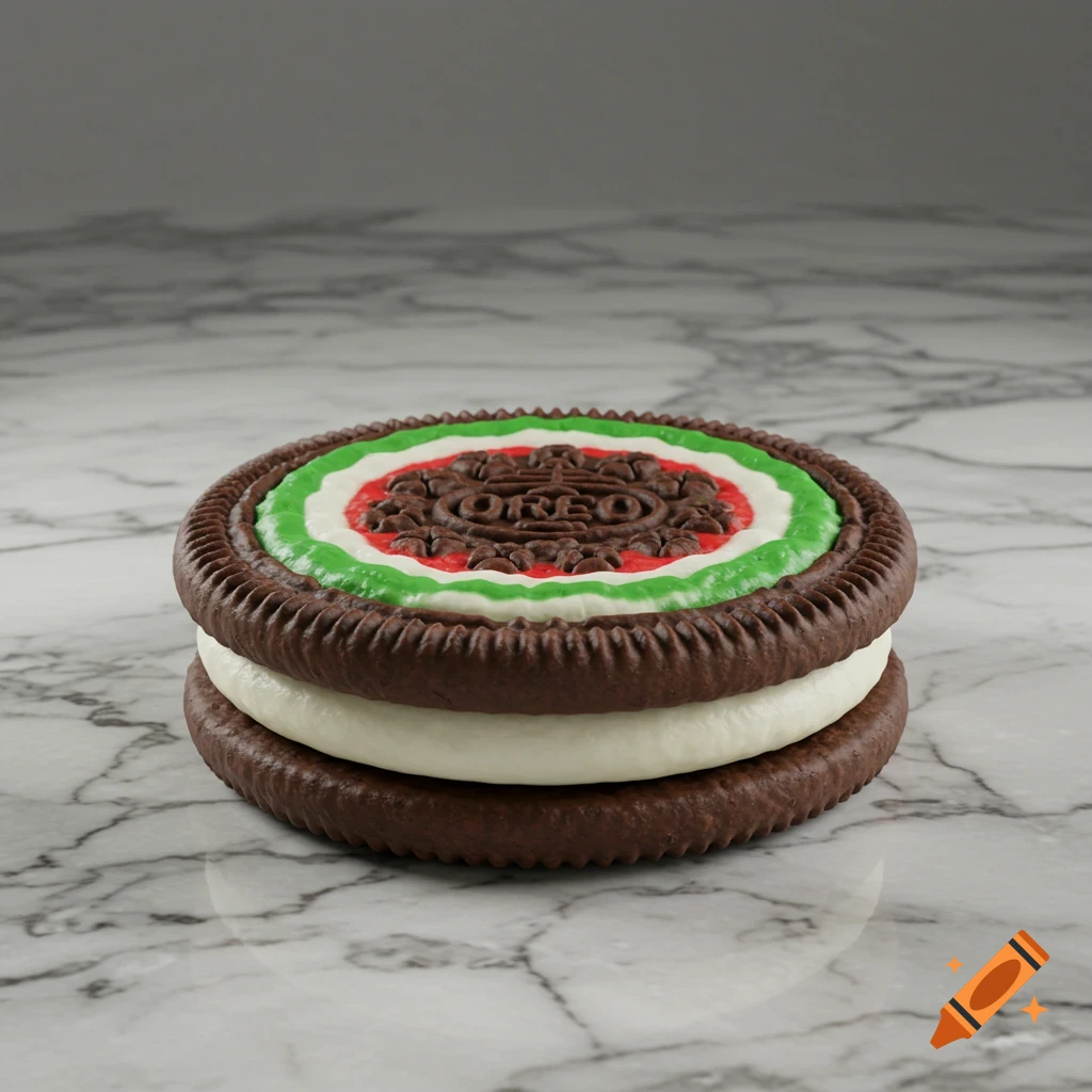 A large Oreo cookie with green, red, and white frosting layers on a white marble surface.