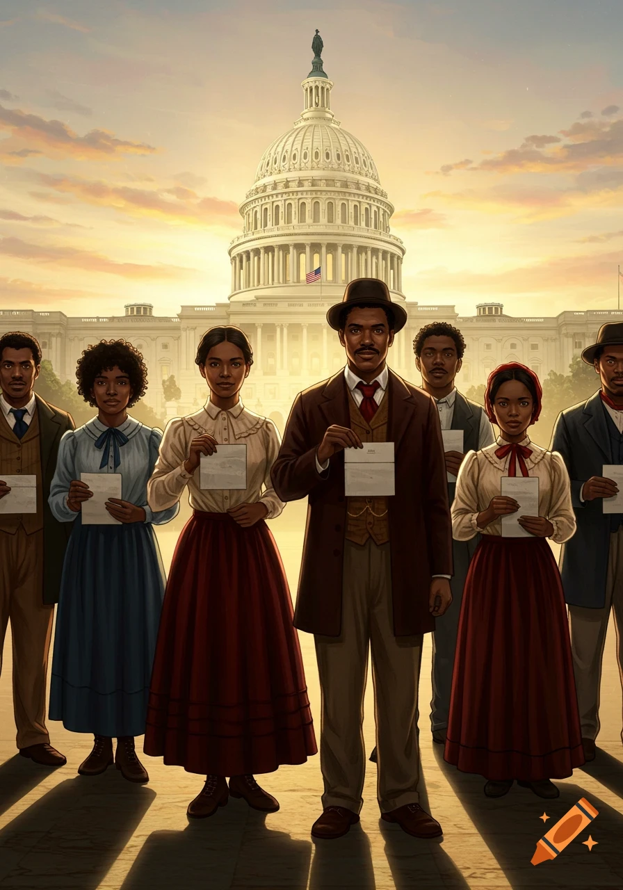 An illustration of a group of African American men and women in 19th-century attire, holding papers, standing in front of the US Capitol building at sunset.
