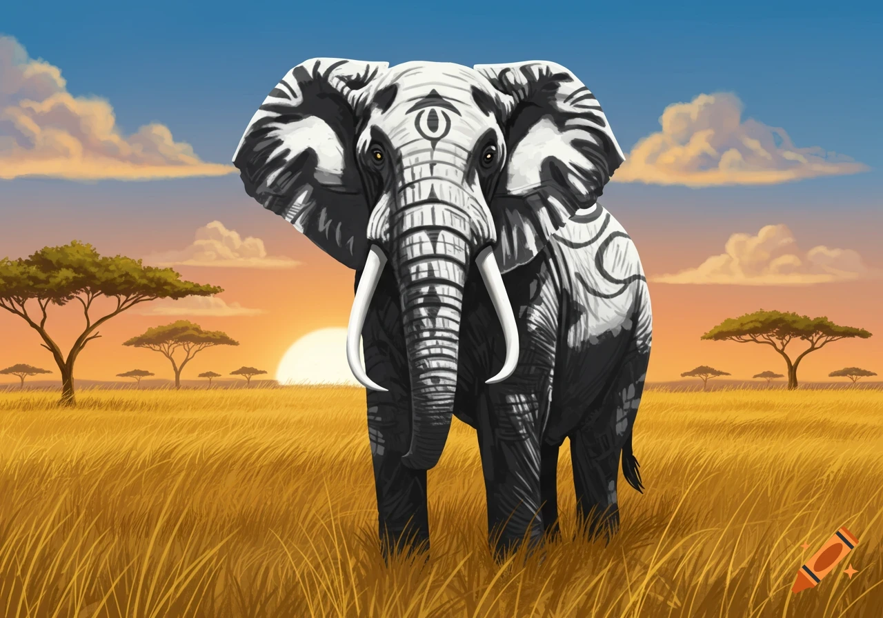 A majestic white and black patterned elephant stands in a golden savanna field with acacia trees at sunset, illustration style.