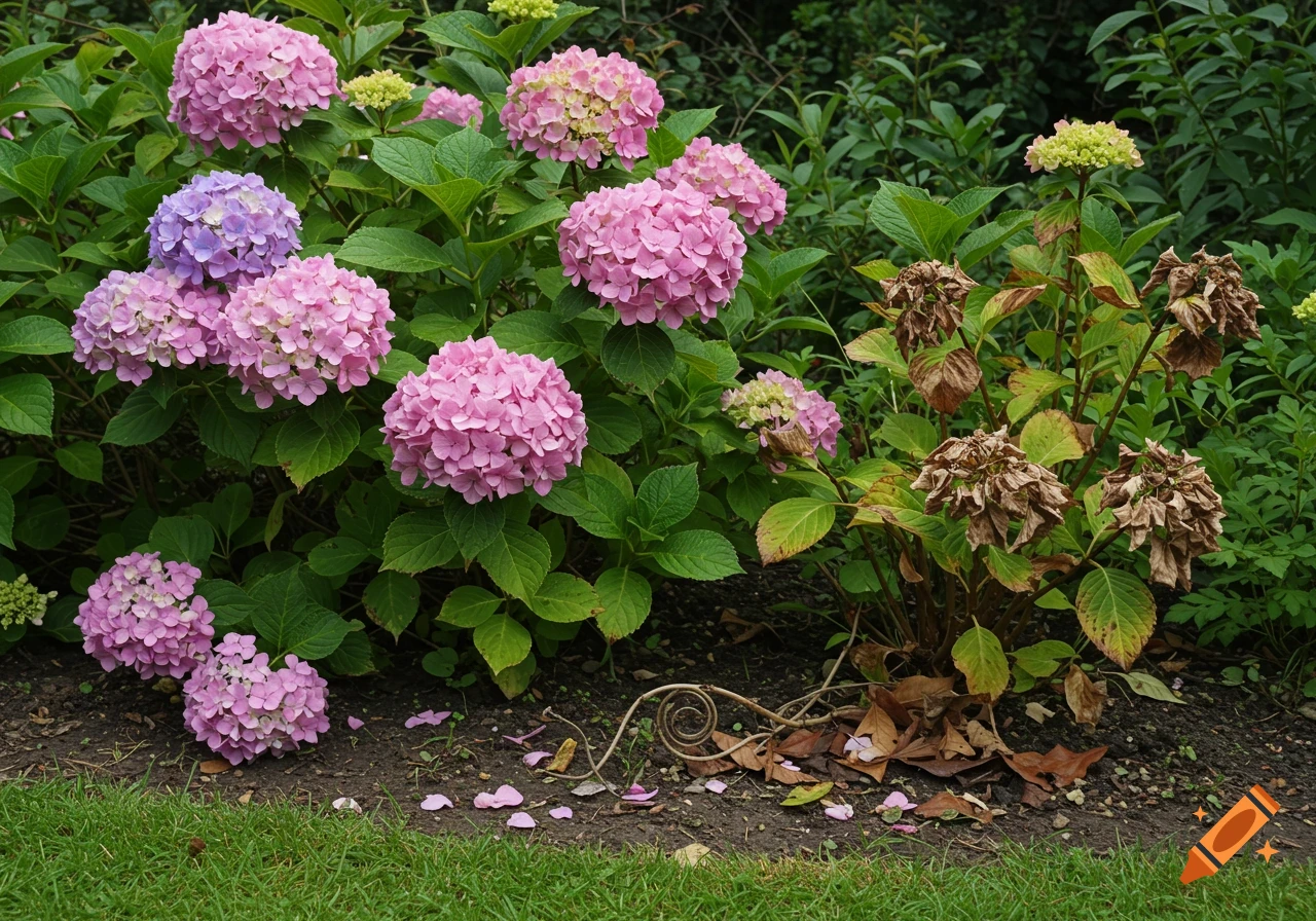 A photo showing a healthy hydrangea plant with pink and purple blossoms next to an unhealthy hydrangea plant with brown, withered flowers and leaves in a garden.