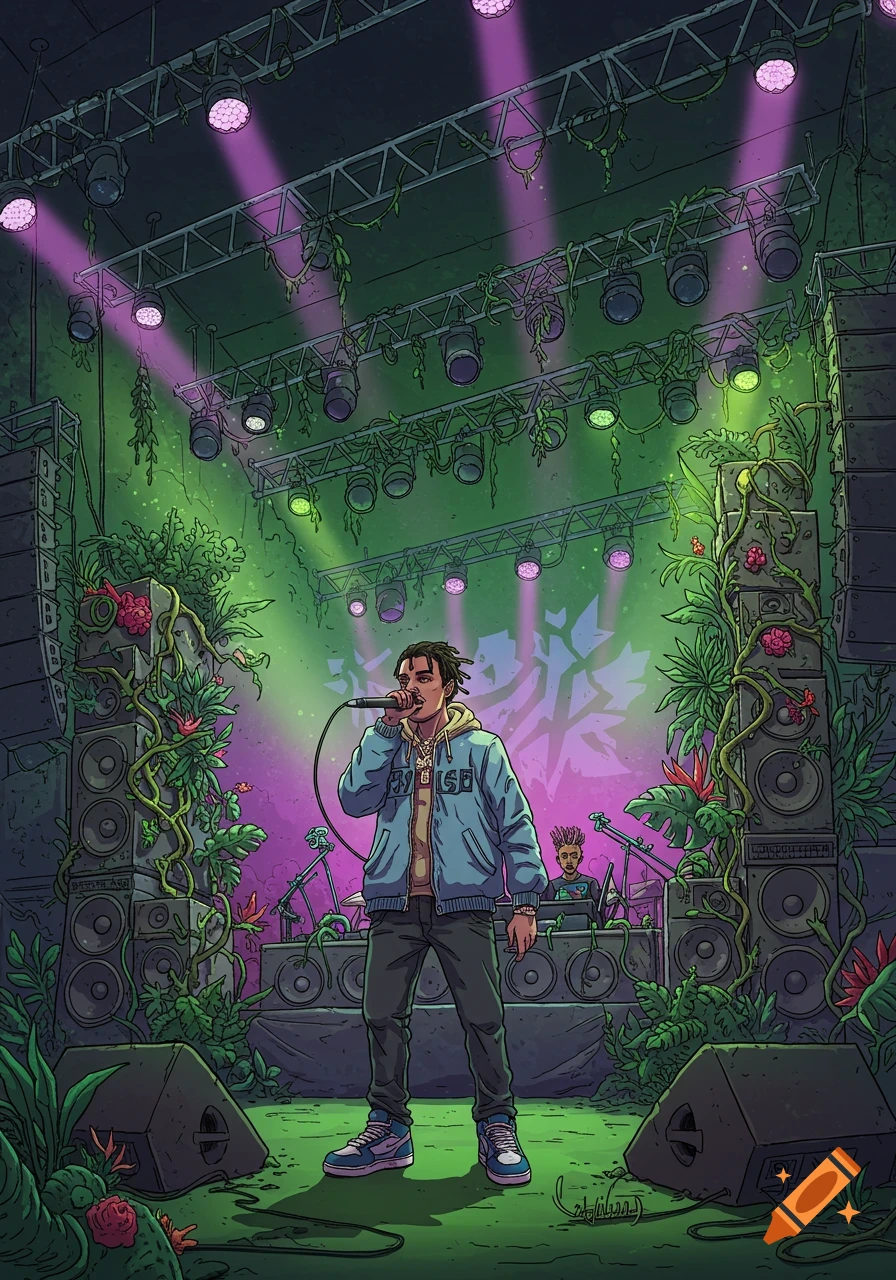 A vibrant 2D illustration of a young male rapper holding a microphone, performing on a stage adorned with lush plants and vines under purple and green lights.