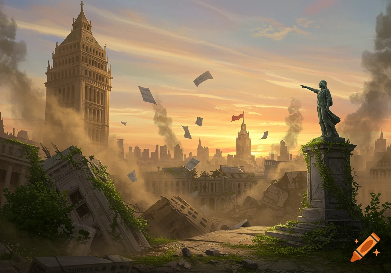 A ruined cityscape at sunset, with a statue of a person pointing, a large clock tower, and papers flying in the air amidst smoke and debris, overgrown with vines.