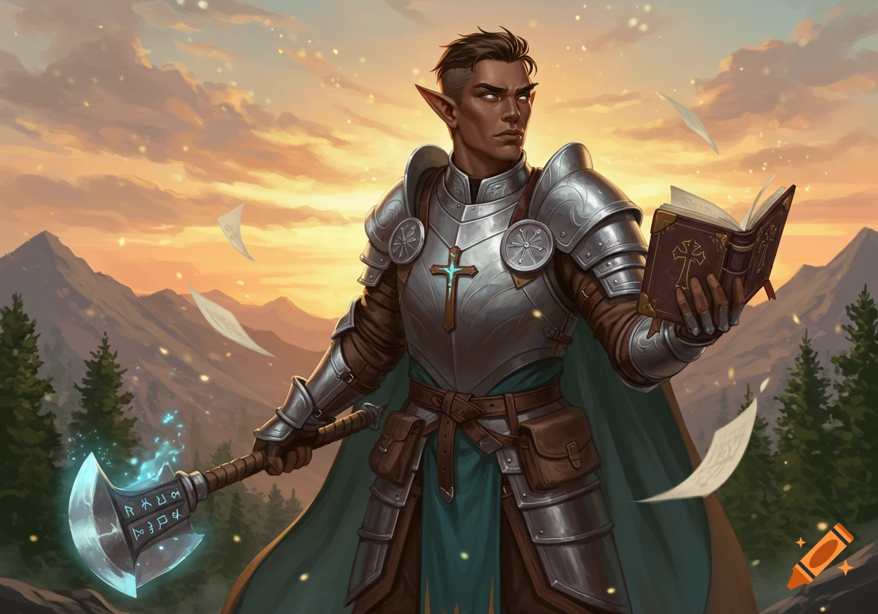 A dark-skinned male half-elf cleric in silver armor, holding a glowing axe and an open holy book, stands in a mountain landscape at sunset.