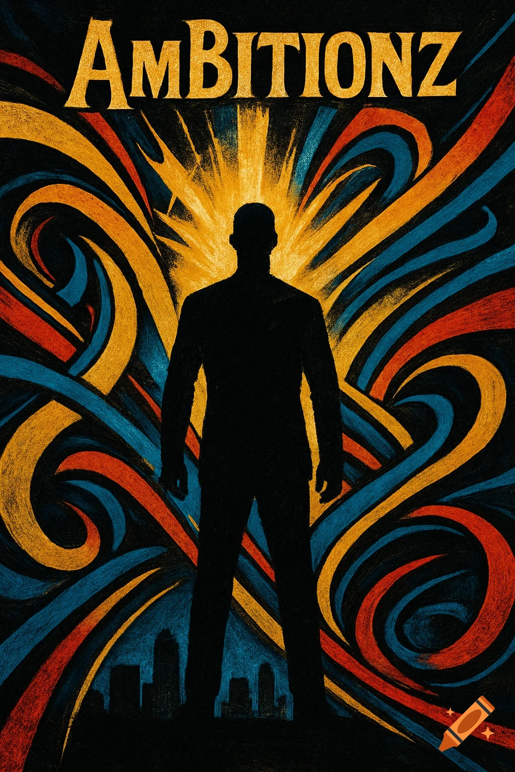 Graphic poster: man's silhouette against golden light, swirling red, blue, yellow lines, 'AmBITIONZ' text, and city skyline.
