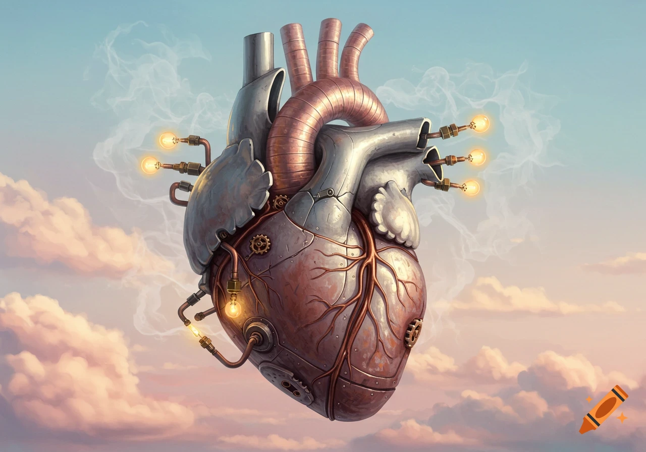 A detailed steampunk mechanical heart of metal and copper, with pipes, gears, and glowing bulbs, floating in a cloudy sky.