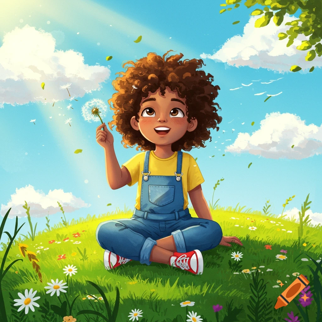 A vibrant cartoon of a young girl with curly hair sitting in a sunny field, holding a dandelion.