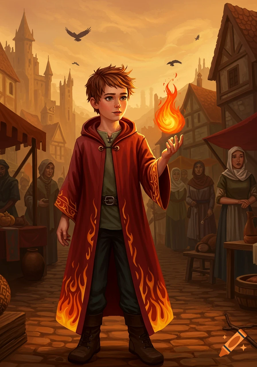 A young boy warlock in a red robe with fire patterns holds a ball of fire in a medieval market street at sunset, digital painting.