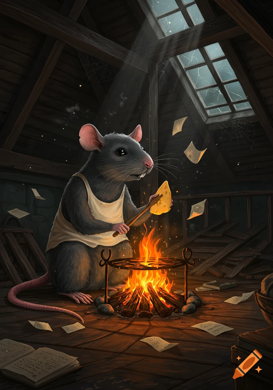 A whimsical illustration of a human-sized rat in an apron roasting cheese over a bonfire in a dark, dusty attic.